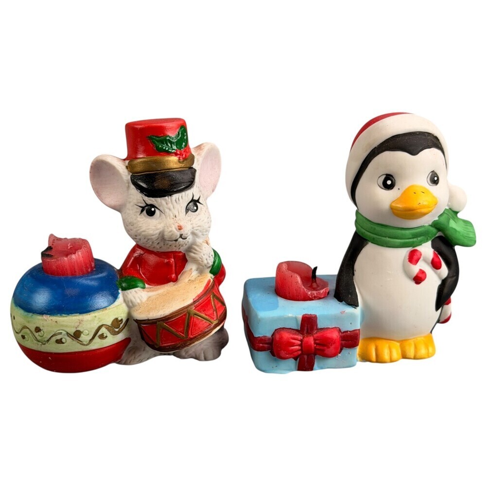 Christmas Candle Holders Set of 2 Mouse Penguin Holiday Friends Original Box - Picture 2 of 14